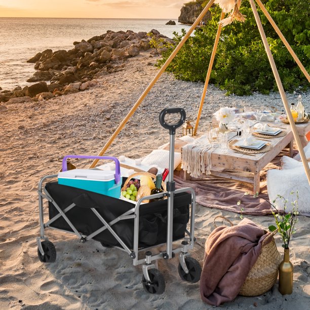 Portable Wagon Cart with Wheel, Metal Collapsible Wagon with Adjustable Handle, Outdoor Beach Cart Utility Wagon with 2 Drink Holders for Garden Backyard, Weight Capacity 220lbs