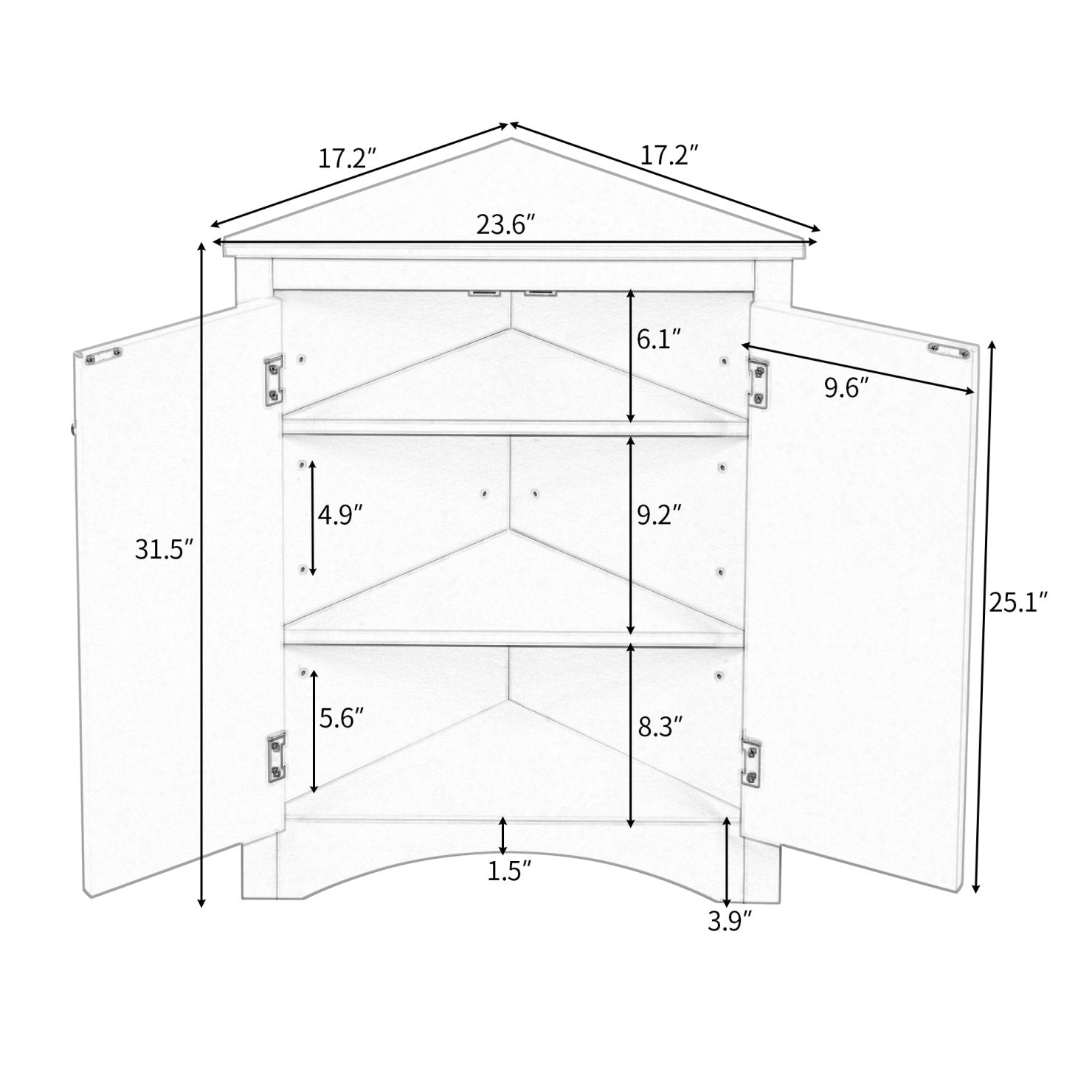 Bathroom Storage Cabinet, Triangle Bathroom Cabinet with Doors and Adjustable Shelves, Freestanding Bathroom Corner Cabinet, Corner Storage Cabinet for Bathroom, Kitchen, Living Room, Black