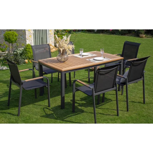 7PCS Outdoor Dining Set, Patio Dining Furniture Set w/Large Rectangle Sumparwood Table Top, Chairs with Steel Frame, Conversation Seating Set for Backyard Garden-Black
