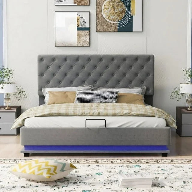 Queen Size Platform Bed with LED Lights,Upholstered Storage Bed with Hydraulic Storage System,Solid Wood Bed Frame with Adjustable Tufted Headboard,Lift Up Storage Bed,No Box Spring Needed,Gray