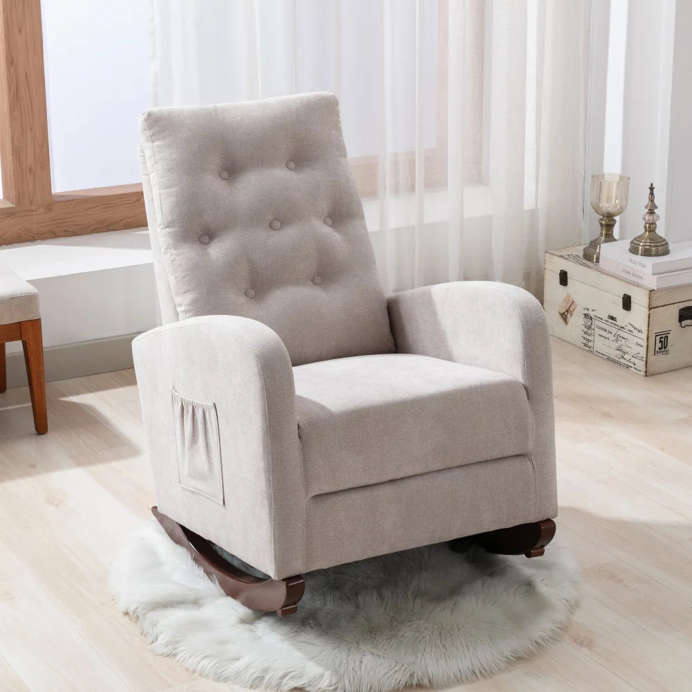Nursery Rocking Chair,High Back Rocking Chair Comfortable Rocker with Wooden Base,Upholstered Rocking Chair for Living Room Bedroom Office,Tan