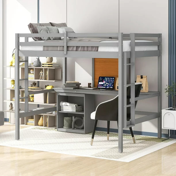 Full Size Loft Bed with Built-in Desk & Writing Board, Wood Loft Bed Frame with 2-Drawer Cabinet and 2 Ladders, Multifunctional Loft Bed with Guardrails for Boys and Girls, Teens, Gray