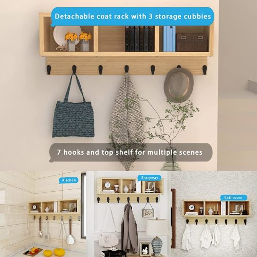 5 in 1 Coat Rack & Shoe Bench,Entryway Bench with 3 Storage Cubbies and 7 Hooks,4 Tiers Shoes Rack with Duarble Metal Frame,Hall Tree for Entryway, Hallway, Bedroom