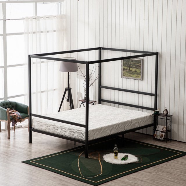 Metal Canopy Bed Frame King,Strong Bed Frame with Center Support Legs