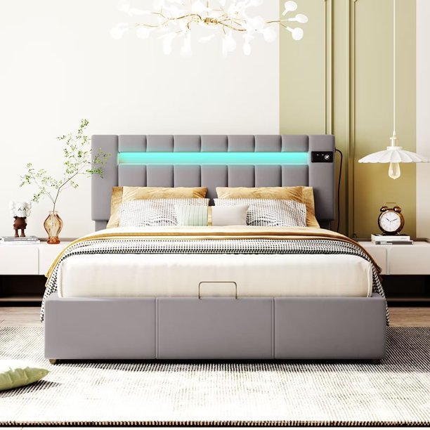 Queen Size LED Bed, Velvet Platform Bed, Lift Storage Bed with LED light, Bluetooth Player and USB Charging, Hydraulic Storage Bed in Velvet Fabric, No Box Spring Required, Gray