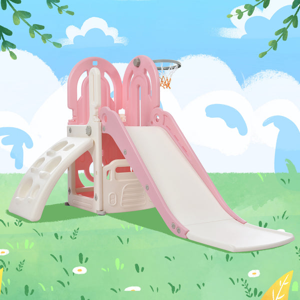 4 in 1 Toddler Climber and Swing Set, Child Playground Climber Freestanding Slide Playset with Basketball Hoop Play Combination for Babies, Boys and Girls Indoor and Outdoor, Pink