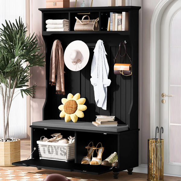 4-in-1 Hall Tree,Entryway Bench with Coat Rack,Cushion and 4 Sturdy Hooks,47.2'' Wide Hall Tree with Storage Bench for Hallway, Entryway,Living Room,Black