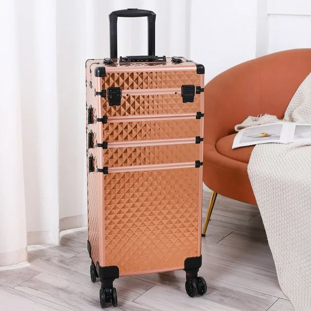 4 in 1 Professional Rolling Makeup, Train Case Aluminum Trolley Case Suitcase Organizer with Rotation Wheels for Makuep, Rose Gold