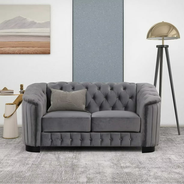 64" Velvet Upholstered Loveseat Sofa, Modern Loveseat Sofa with Thick Removable Seat Cushion, Comfy Small Sofa, Modern Sectional Sofa Couch for Living Room, Bedroom,or Small Space, Gray