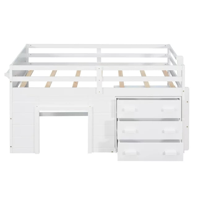 Twin Size Loft Bed with Storage Drawers and Bedside Tray, Wooden Low L ...