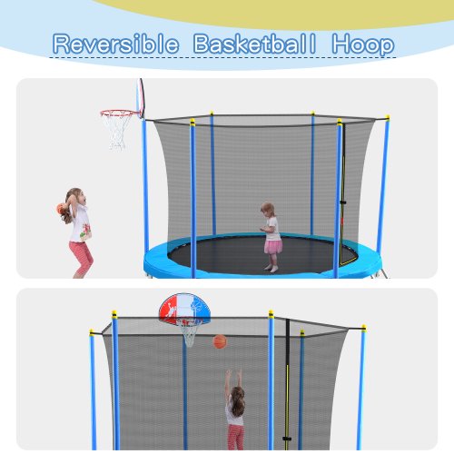 Trampoline 8FT with Basketball Hoop, Outdoor Trampolines Recreational Kids Trampoline with Safety Enclosure and Ladder Net Outdoor for 5-8 Children