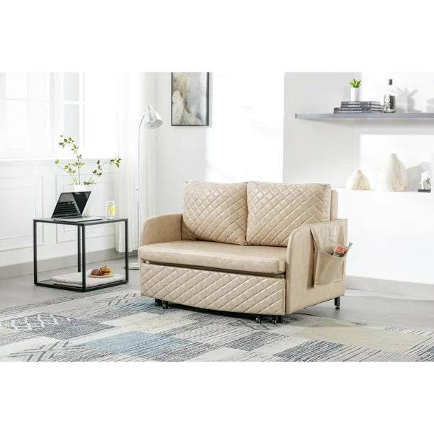 Convertible Sleeper Sofa, Modern PU Leather Loveseat Couch with Pull Out Bed and Headboard, Upholstered Futon Sofa Bed with 2 Pillows and Side Pockets for Living Room Bedroom, Camel