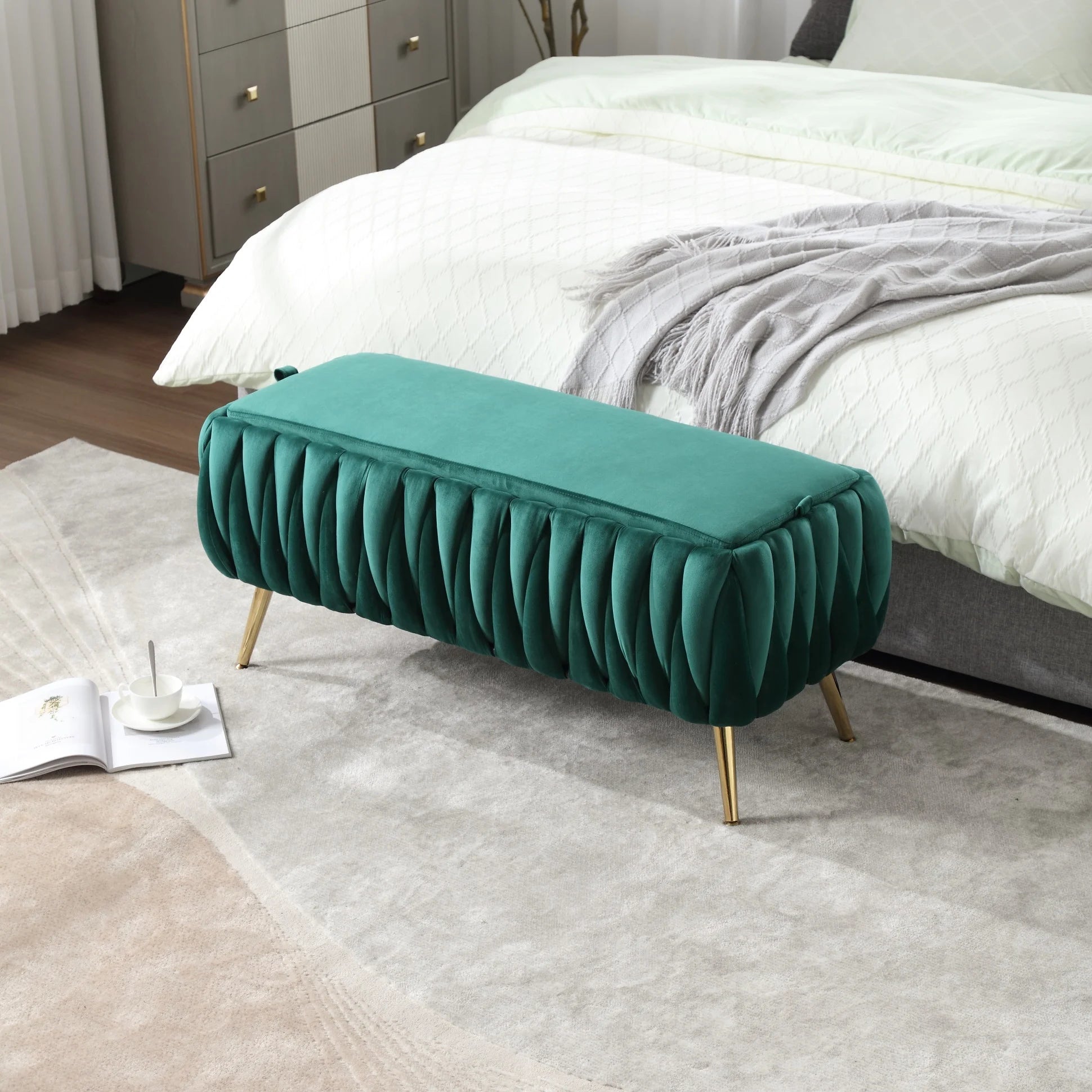 42.13" Home Velvet Storage Bench, Entryway Padded Footstool with Metal Legs, Button-tufted Storage Ottoman for Living Room Bedroom, Emerald