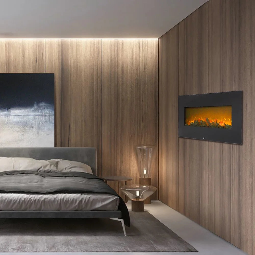 42-Inch Wall Hanging Electric Fireplace Heater with Realistic Flame, Fireplace Stove Heater with Remote Control, Fireplace Stove for Indoor, 1400W, Black