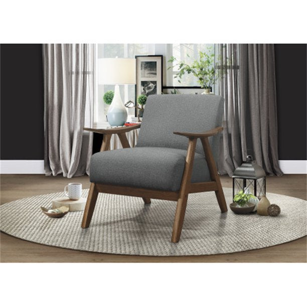 Accent Chair Modern Fabric Upholstered Armchair with Cushion Back and Seat Walnut Finish Solid Rubber Wood Living Room Chair for Home Furniture, Gray