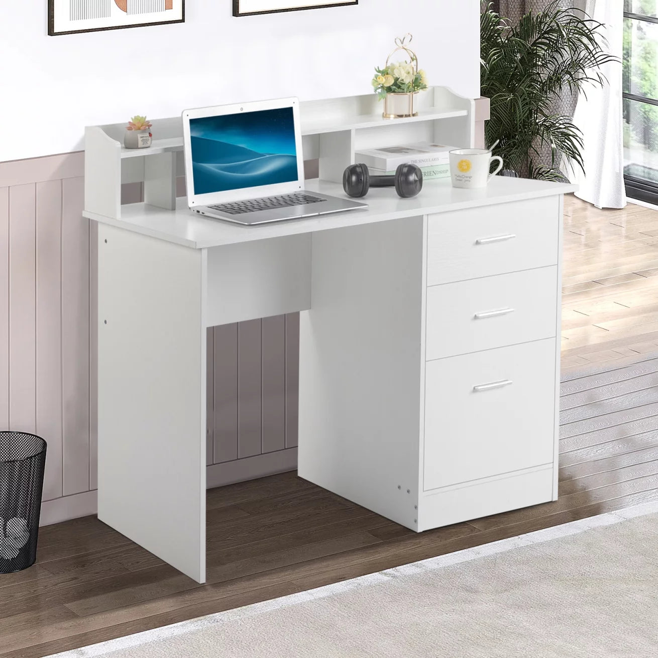43" White Computer Desk, Office Desk with Desktop Storage Layer and Drawers, Vanity Desk, Corner Desk Gaming Table Workstation for Home Office