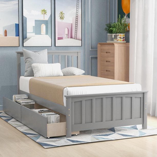 Solid Wood Twin Size Platform Bed with Two Drawers for Kids Teens Adults, Bedroom Guests Room Furnitur
