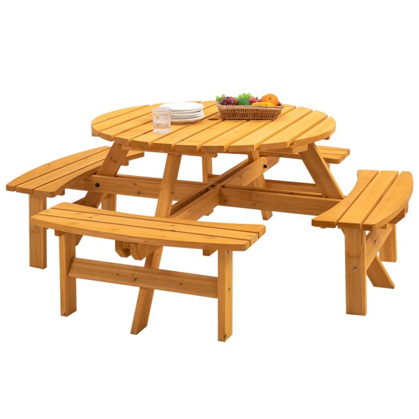 8 Person Wood Picnic Table, Outdoor Round Picnic Table with 4 Built-in Benches, Umbrella Hole, Outside Table and Bench Set for Garden, Backyard, Porch, Patio, 2220lbs Capacity Per Bench- Natural
