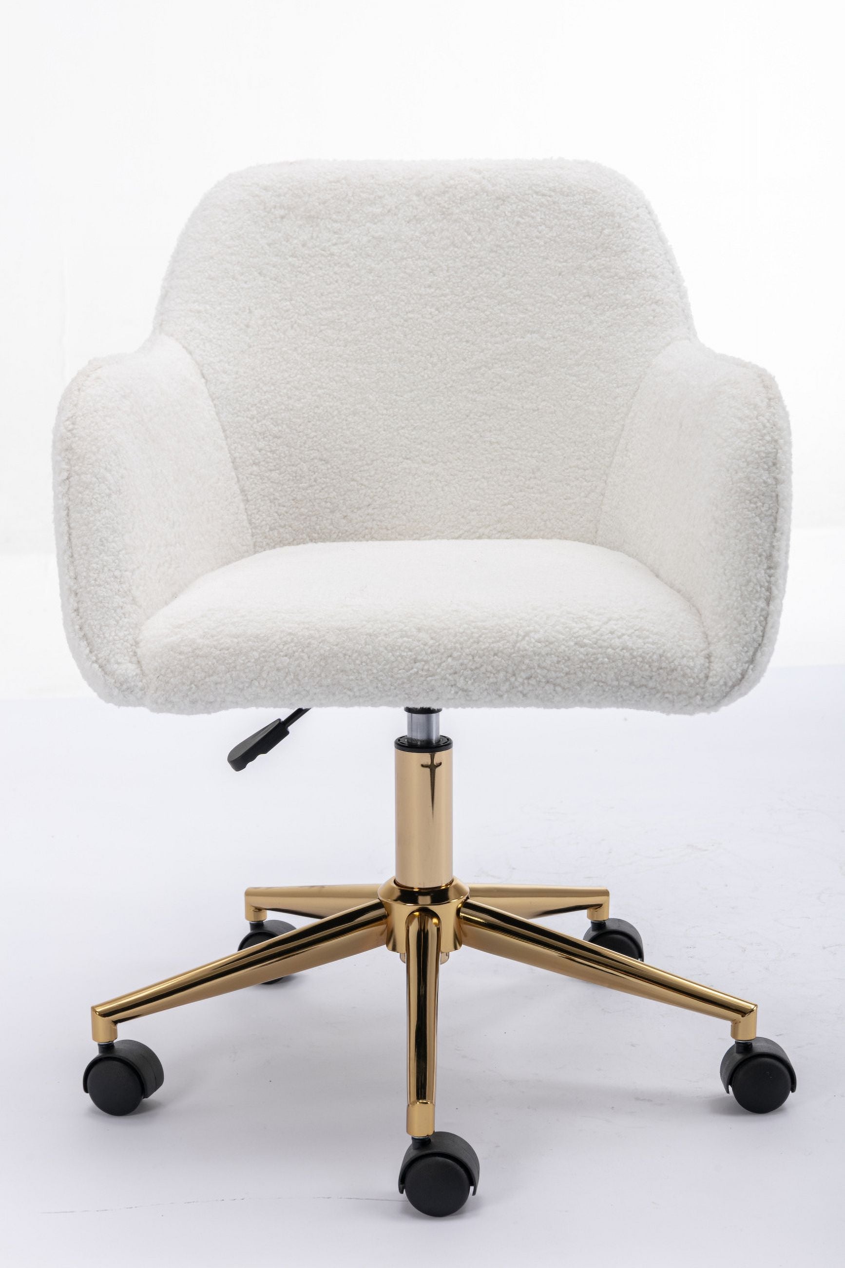 Adjustable Height 360 Revolving Home Office Chair, Soft Wool Fabric Material Desk Chair with Gold Metal Legs and Universal Wheels, Modern Computer Chair for Indoor, White Teddy