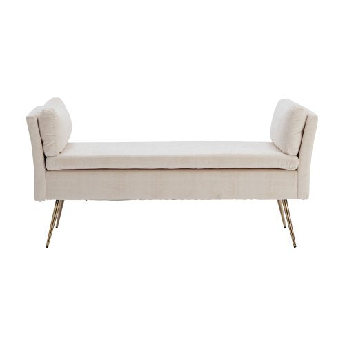 Bench Ottoman, Modern Velvet Upholstered Tufted Dining Bench Bedroom Bench with Two Pillows and Golden Metal Legs, Footrest Stool Accent Bench for Entryway Dining Room Living Room, Beige
