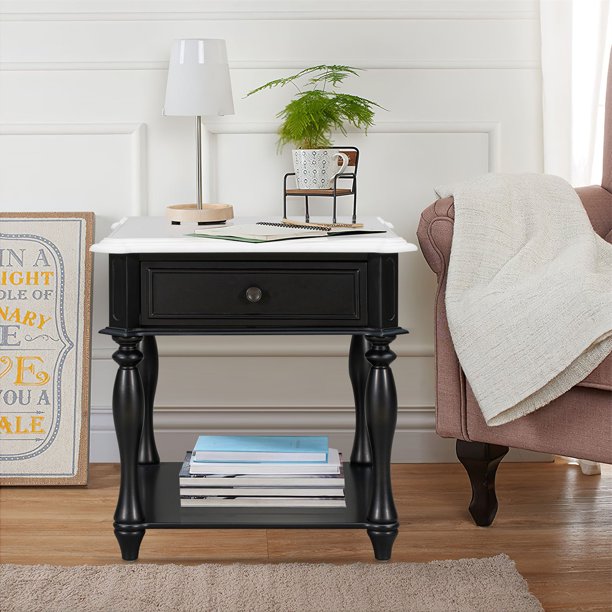 End Table Nightstand, Coffee Table with Open Styled Shelf & Large Storage Space, Classical Side Table with Metal Handles & Drawer for Living Room, 24.00"Lx27.90"Wx23.90''H, Black