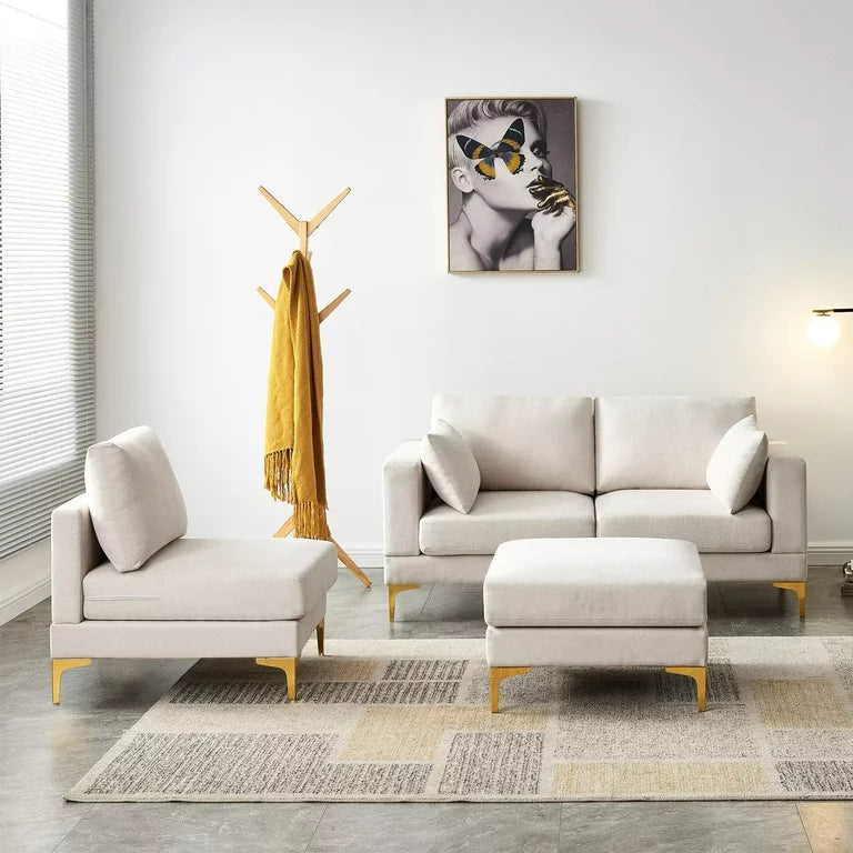 L-shaped Sectional Sofa with Removable Ottoman Footrest and Metal Legs, 92-Inch Free Combination Modular Sofa Couch with Soft Backrest & Armrest & Thick Seats Cushion for Living Room, Beige