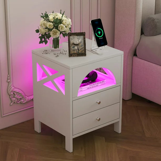 White Nightstand with Charging Station Modern End Tables with USB Port