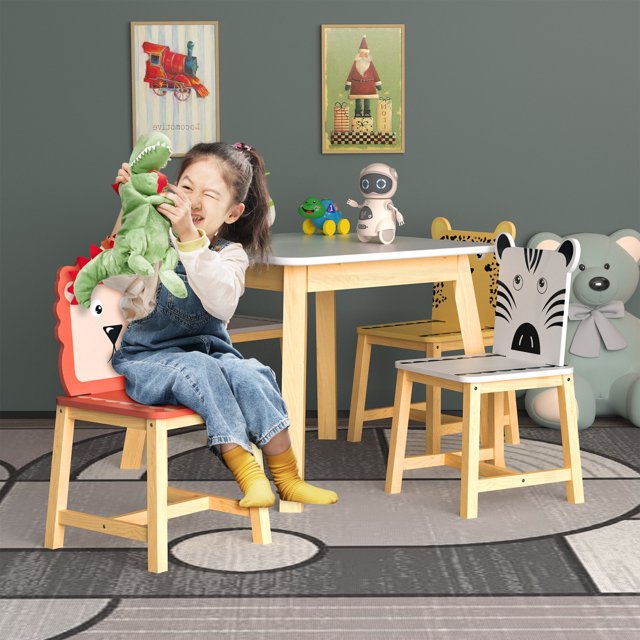 5 Piece Kiddy Table and Chair Set,Kids Cartoon Animals Table with 4 Chairs Set,Wooden Children Furniture Set for Playroom Kindergarten