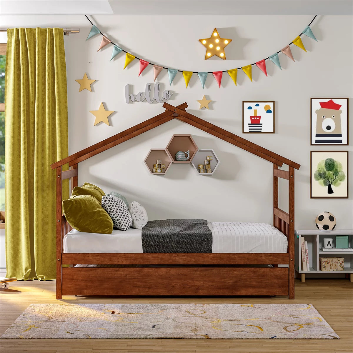 Full House Bed with Twin Size Trundle Bed,House Bed for Kids with Support Legs,Wooden Kids House Full Bed Frame for Toddlers,Kids,Teens.No Box Spring Needed,Walnut