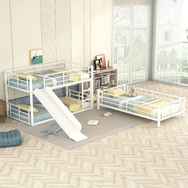 Metal Triple Bunk Bed with Slide Twin over Twin Size, 3 in 1 Beds Frame Convertible to Loft Bed and Plarform Bed, Modern Versatile Bed with 2 Ladders and Guardrails for Boys and Girls, White