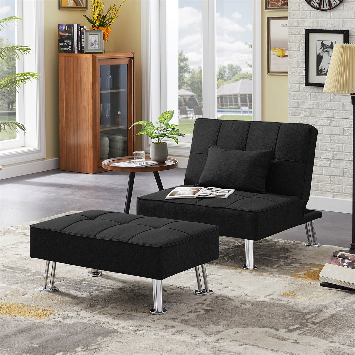 Single Sofa Bed with Ottoman, Convertible Folding Futon Chair Lounge Chair Set with Metal Legs & 3 Adjustable Backrest Angles, Modern Fabric Sofa Chair for Living Room Office Apartment, Black