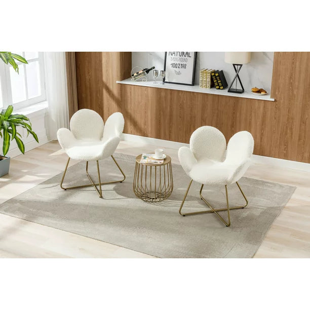 Vanity Chair Set of 2, Comfy Accent Chair Leisure Single Sofa Chair Upholstered Armchair with Metal Legs & Flower-shaped Backrest, Cute Dresser Chair with Soft Cushion for Living Room, White-Teddy