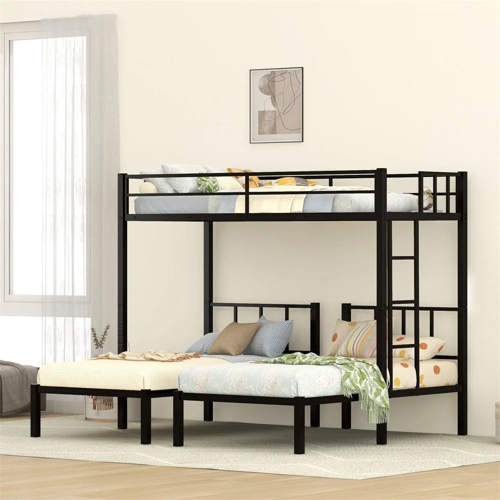 Metal Triple Bunk Bed for 3, Twin Size Bunk Bed Frame with Storage Shelf, Small Table and Built-in Ladder, Can be Divided into 3 Separate Bed for Kids Teens Adults, Space-Saving, Noise-Free (Black)