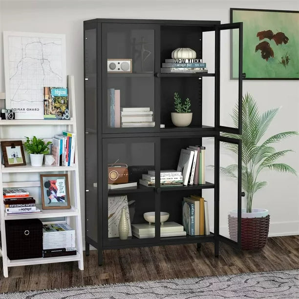 Metal Storage Cabinet, 59" Tall Kitchen Pantry Cabinet Glass Display Cabinet with Adjustable Shelves and Feet, Freestanding Bookcase for Home Office Living Room Study Room, Black