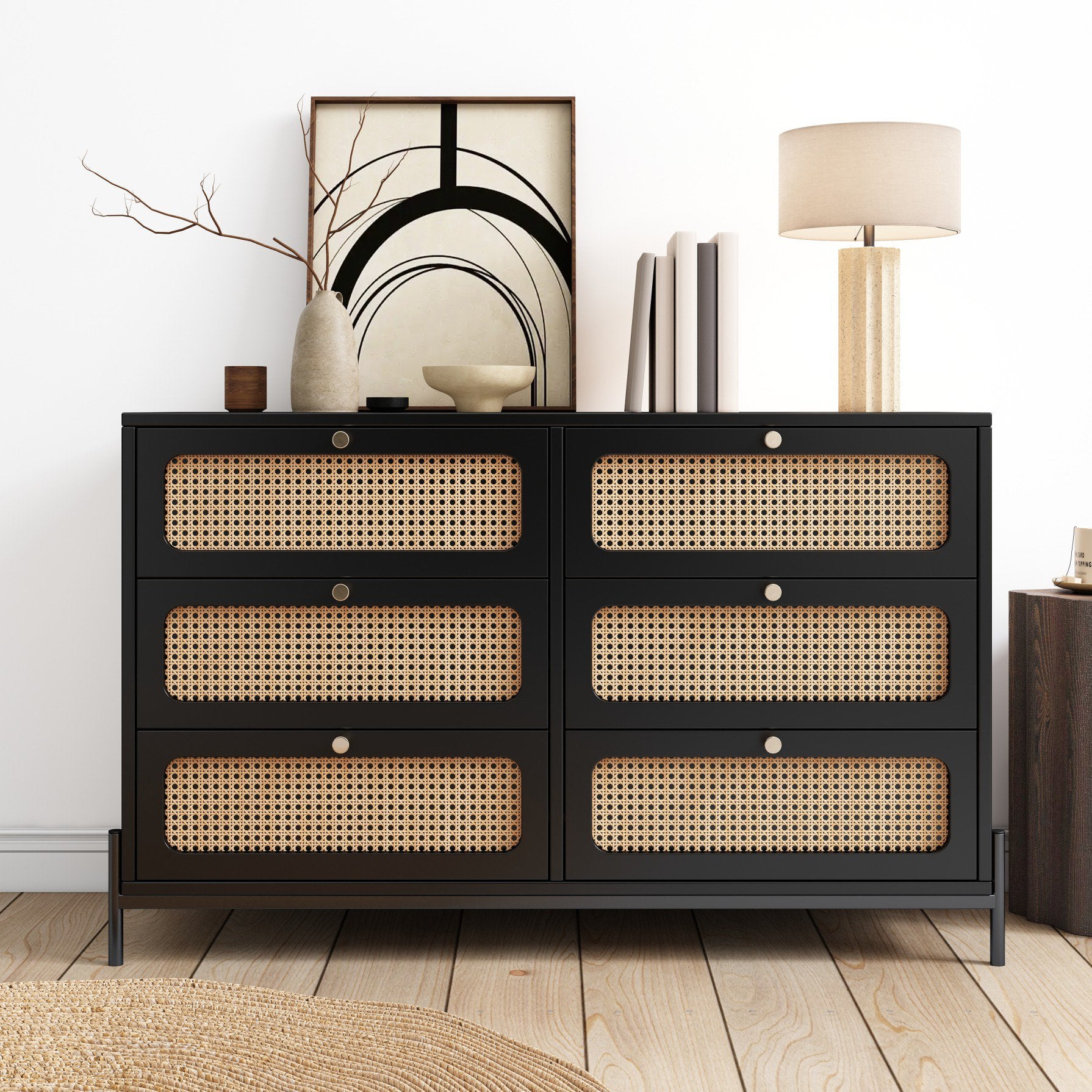 Modern Rattan Wood Closet 6-Drawer Dresser,Free Standing Buffet Storage and Sideboard Buffet Cabinet,Wood Storage Cabinet Sideboard for Bedroom,Living Room,Entryway,Hallway,Black