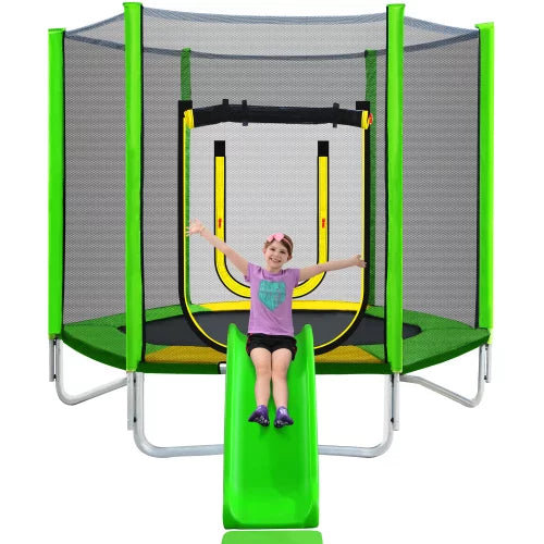 7FT Trampoline for Kids with Safety Enclosure Net, Recreational Trampoline with Slide and Ladder, Round Outdoor Trampoline,Waterproof Jump Mat for Kids, Teens, Boys, Girls