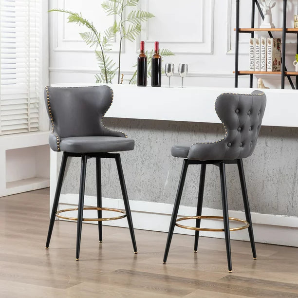 Swivel Bar Stools Set of 2, Self-righting Counter Height Bar Chairs with Gold Footrest & Black Metal Legs, Leathaire Fabric Upholstered Dining Chairs with Nailhead Trim for Kitchen Island, Dark Gray