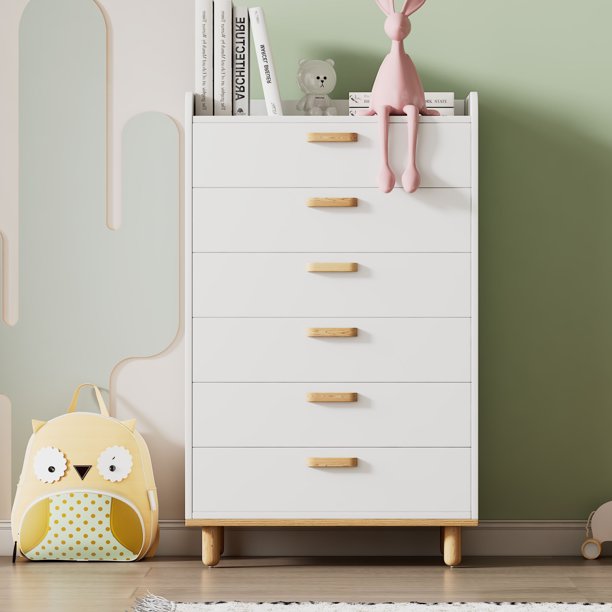 Modern Wood Six Drawers Chest, Simple Style Storage Cabinet Table, for Bedroom, Kids Room, Living Room, Nursery Room, White