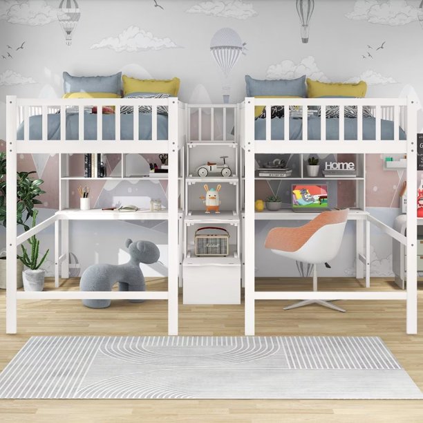 Twin & Twin Size Loft Bed with 2 Built-in Desks and Storage Shelves, Double Shared Two Twin Loft Bed with Storage Staircase, Solid Wood Loft Bed Frame with Safety Guardrail for Kids Teens, White