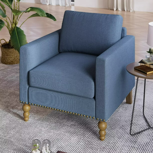 Modern Accent Chair with Armrest, Linen Fabric Upholstered Armchair Single Sofa Chair with Nailhead Trim and Gourd Wooden Legs, Comfy Lounge Chair Reading Chair for Living Room Bedroom, Navy Blue