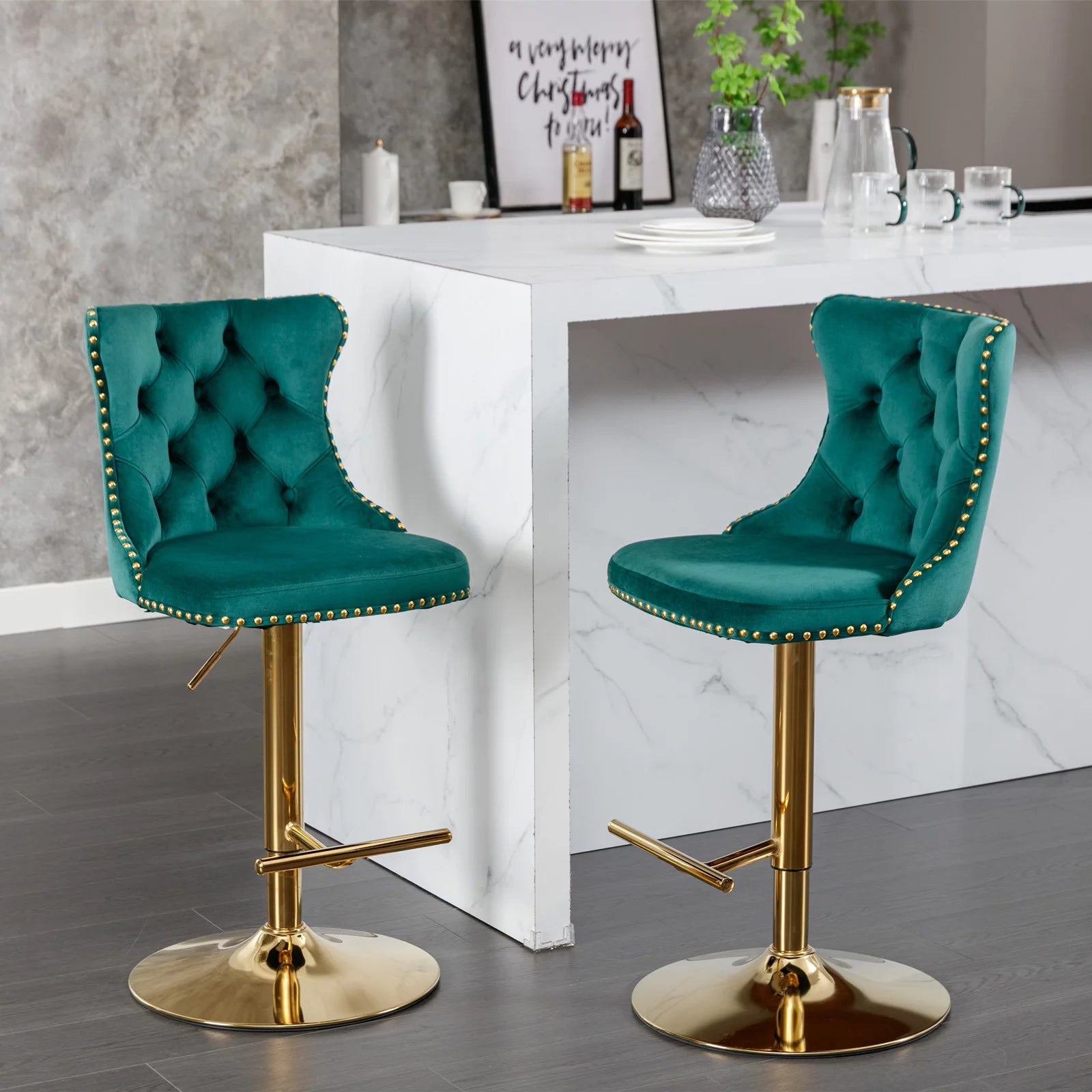 Swivel Bar Stools Set of 2, Adjustable Counter Height Barstools with Wing Back, Nailheads Trim and Gold Footrest, Velvet Button Tufted Upholstered Bar Chairs for Dining Room Kitchen Island, Green