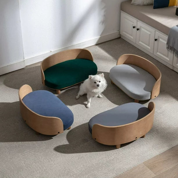 Modern Elevated Dog Cat Bed Pet Sofa with Solid Wood Legs and Bent Wood Back, Velvet Cushion, Sofa-Style Pet Beds for Small/Medium/Large Dogs & Cats, for Indoor, Dark Gray