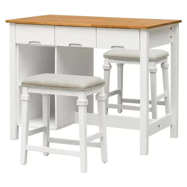 Stationary Rubber Wood Kitchen Island Set with 2 Dining Stools, Modern tripletreebrands