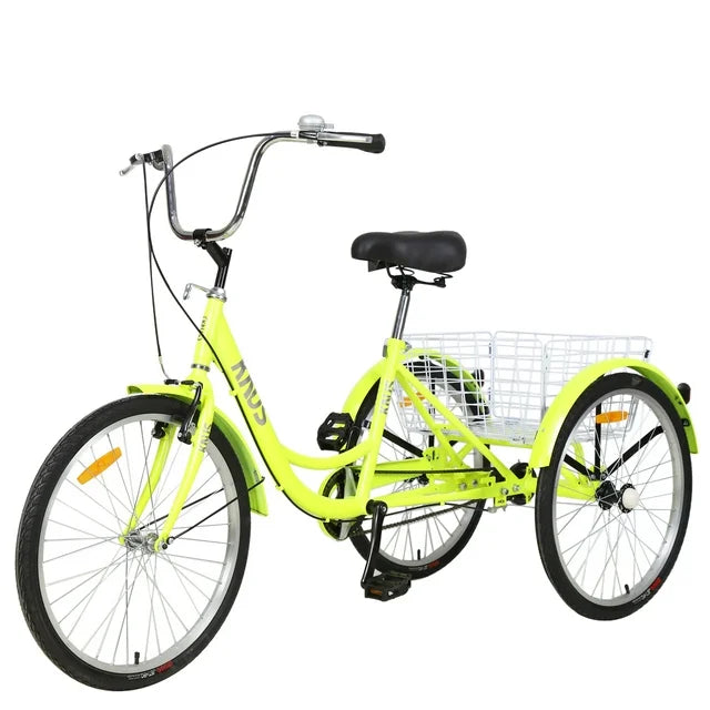Adult Tricycle Trikes, Single Speed, Adult Trikes, 26 Inch 3 Wheel Bikes, Three-Wheeled Cruiser Bicycle with Large Shopping Basket, for Women, Men, Yellow