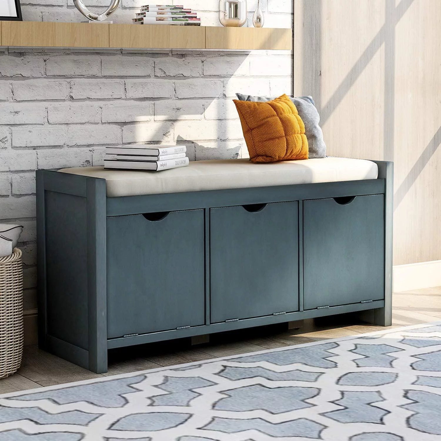 Storage Bench Upholstered Storage Bench with Flip Lock Storage Cubbies and Removable Cushion, Wood Entryway Shoe Bench for Hallway, Entryway, Bedroom and Living Room, Gray Wash