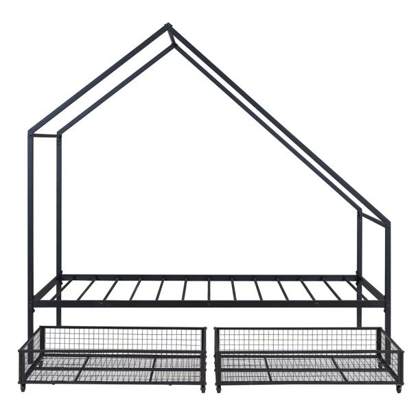 Metal Bed Frame, Twin Size House Bed with 2 Storage Drawers and Roof for Kids,Teens, Playhouse Design Bed Frame with Slats Support, No Box Spring Required, Black