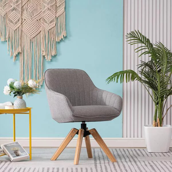 Leisure Chair Lounge Chair with Solid Wood Legs for Living Room Indoor, Simple Nordic Style Vertical Quilted Backrest, Linen Fabric, Light Gray