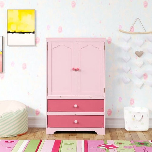 Pine Wardrobe with 2 Drawers,Children Dress up Storage Side Cabinet with a Clothes Rail and a Adjustable Shelf,Wood Storage Cabinet for Bedroom Apartment, Pink