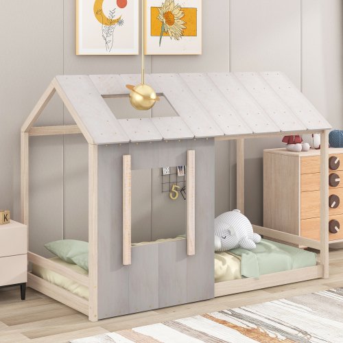 Twin Size House Platform Bed, Wooden Floor Platform Bed Frame with Roof and Window, Low Playhouse Bed for Toddlers Kids Teens, No Box Spring Need, Antique Grey+Antique White