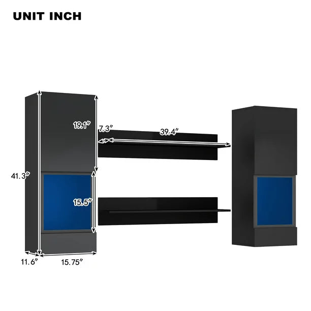 4 Pieces Floating TV Stand Set, Modern High Gloss Wall Mount Entertainment Center with 16-Color RGB Lights, 2 Media Storage Cabinets and 2 Shelves for Living Room Home Theater, Black